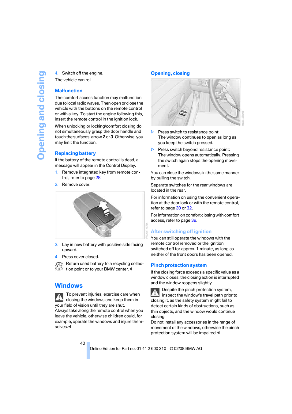 Windows, Opening and closing | BMW AG 528XI User Manual | Page 42 / 292