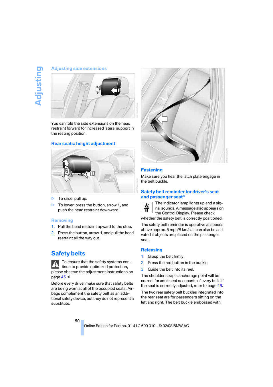 Safety belts, Adju sting | BMW AG 528XI User Manual | Page 52 / 292