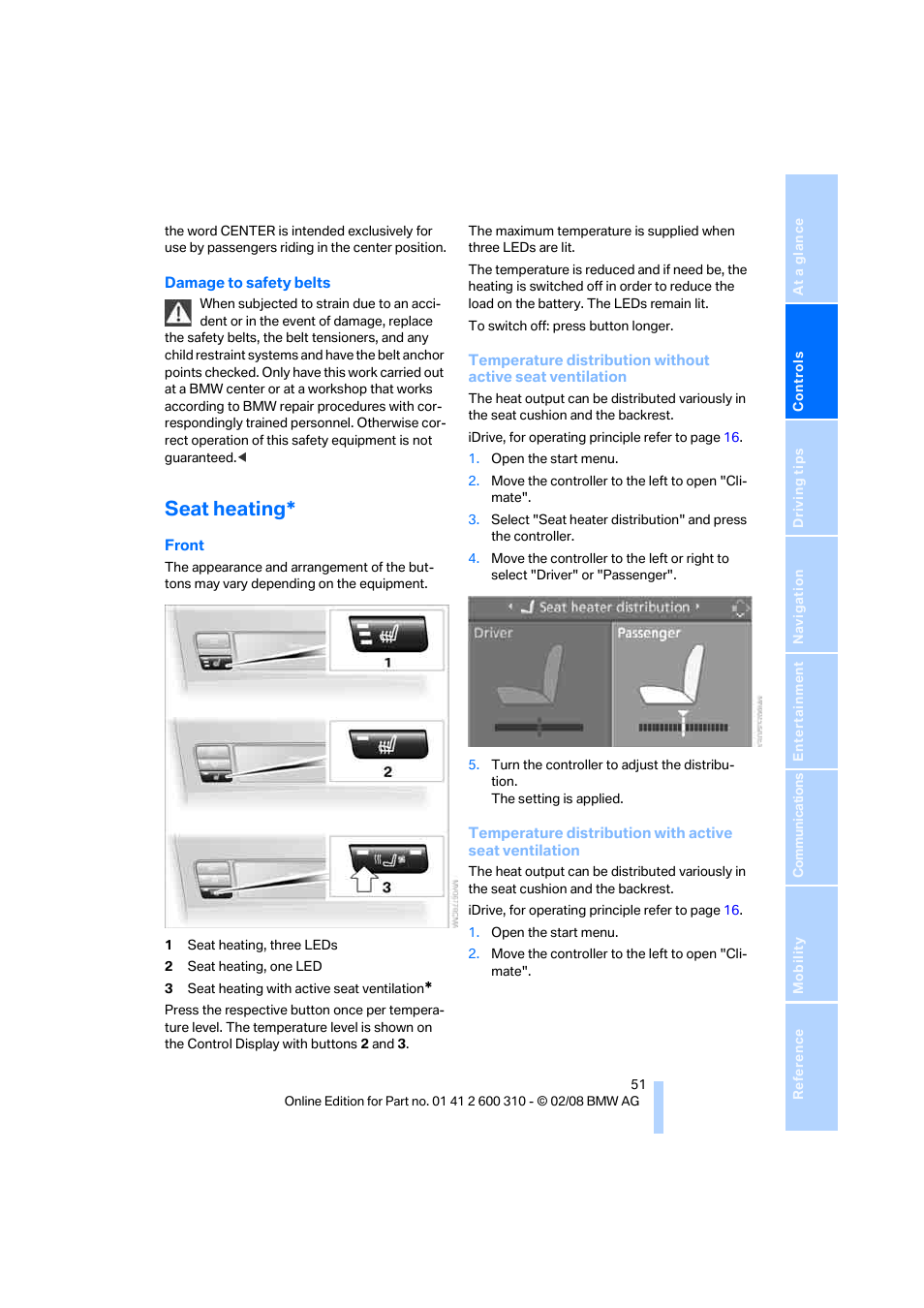 Seat heating | BMW AG 528XI User Manual | Page 53 / 292