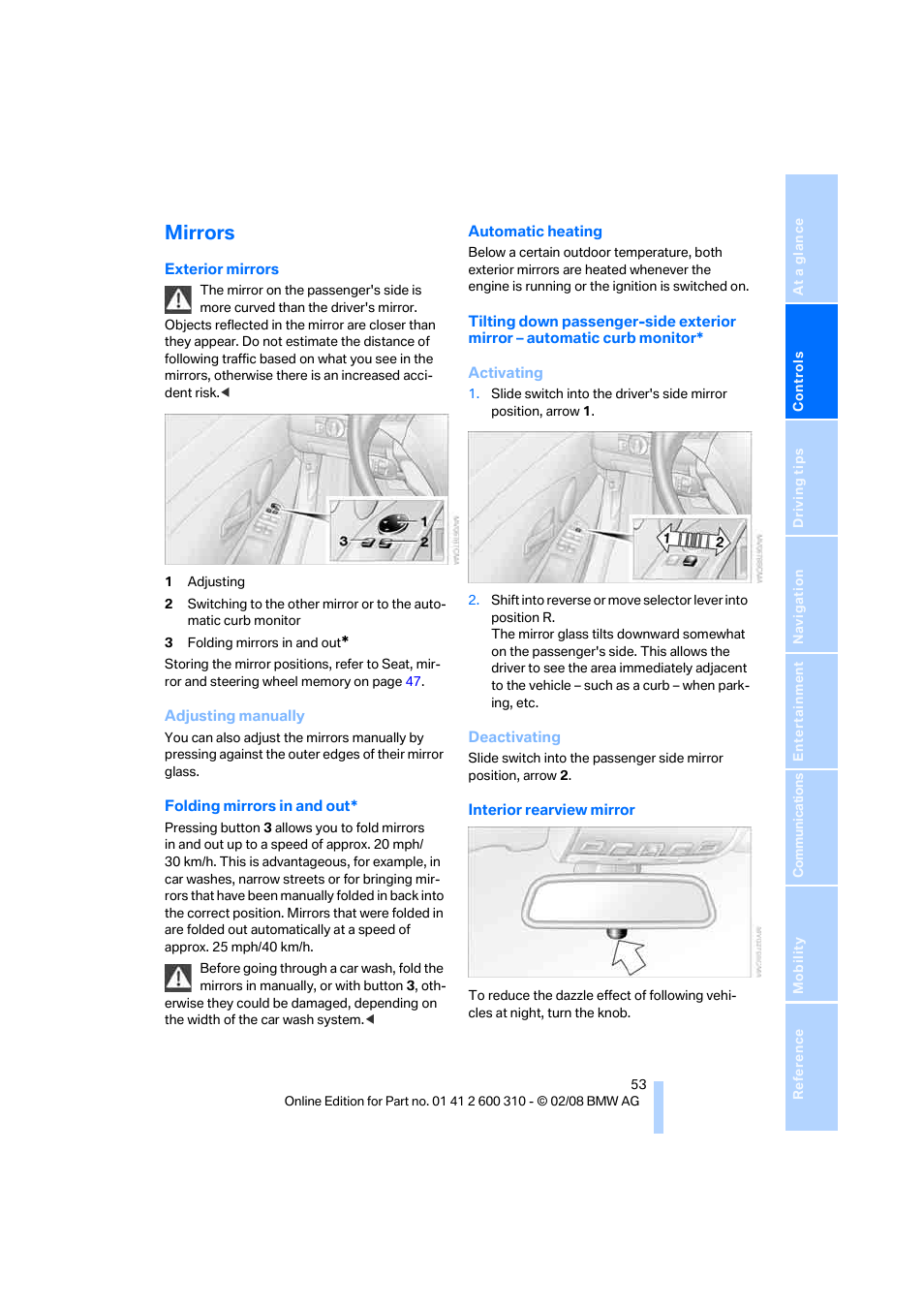 Mirrors | BMW AG 528XI User Manual | Page 55 / 292