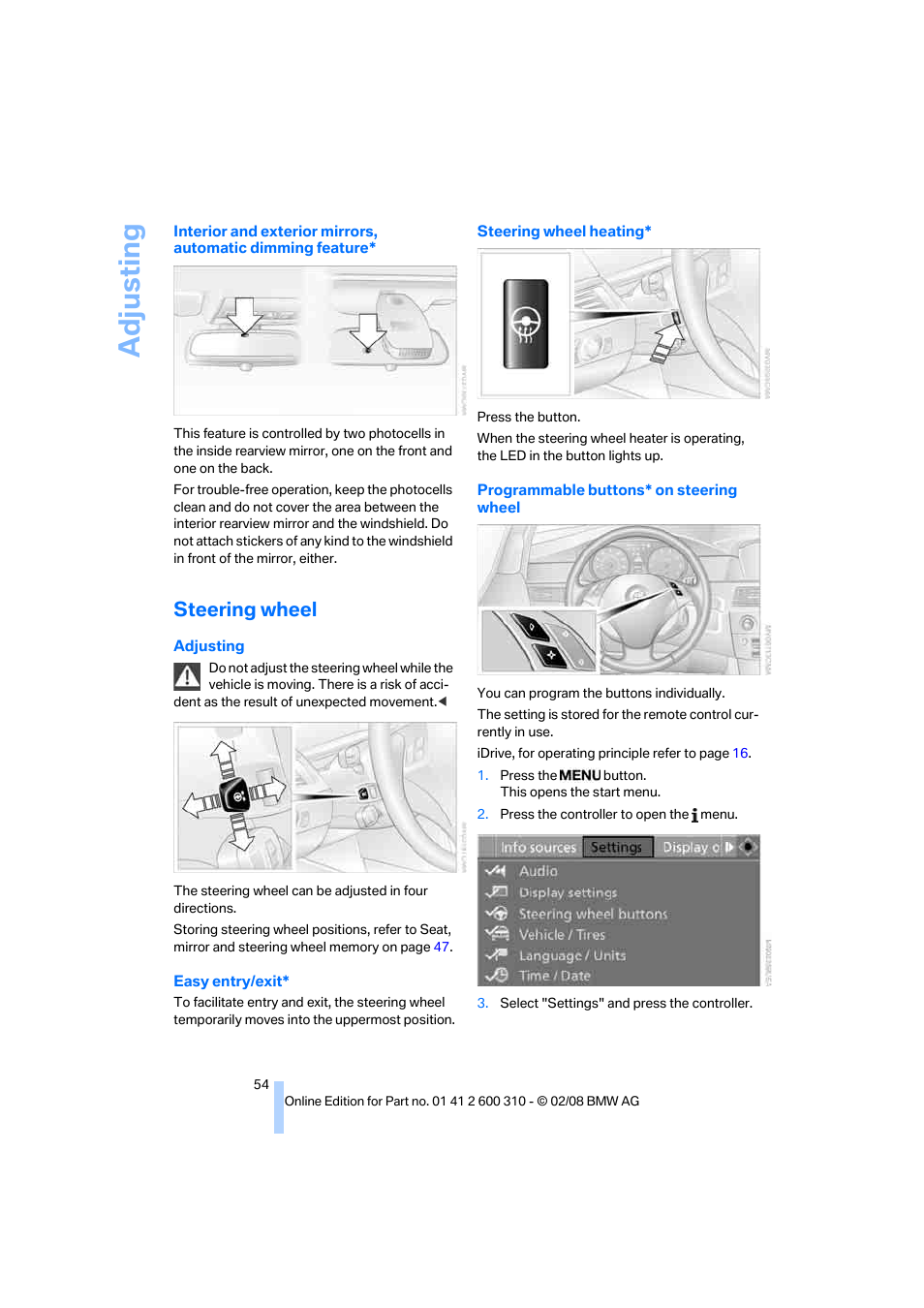 Steering wheel, Adju sting | BMW AG 528XI User Manual | Page 56 / 292