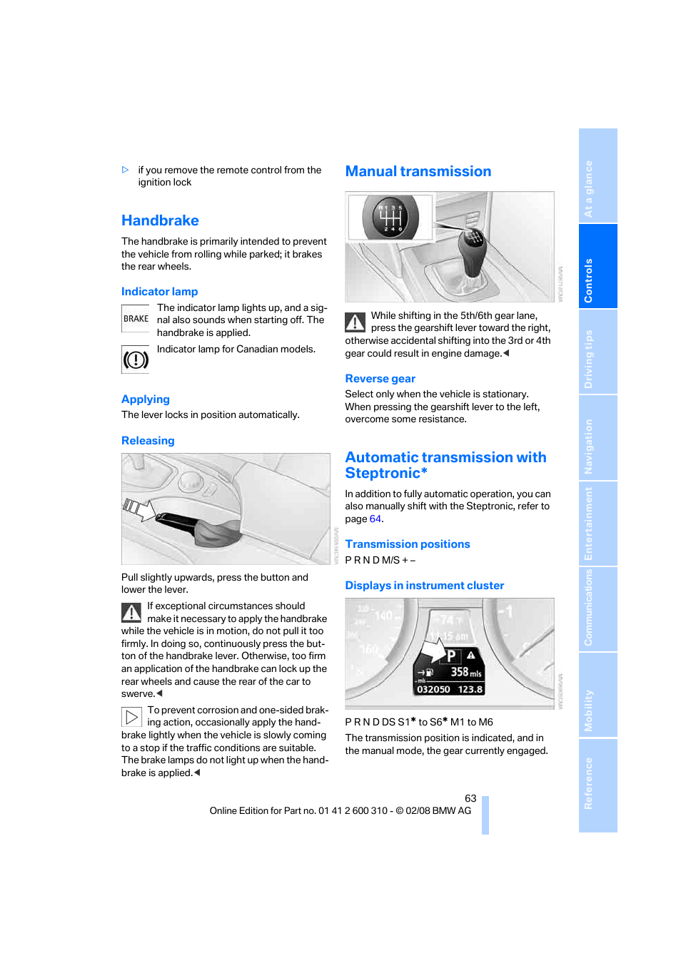 Handbrake, Manual transmission, Automatic transmission with steptronic | BMW AG 528XI User Manual | Page 65 / 292