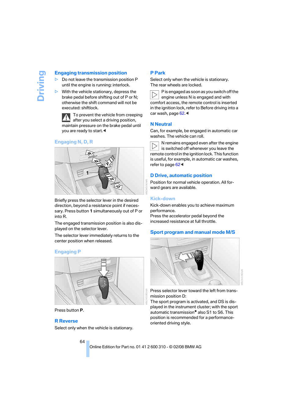 Driving | BMW AG 528XI User Manual | Page 66 / 292