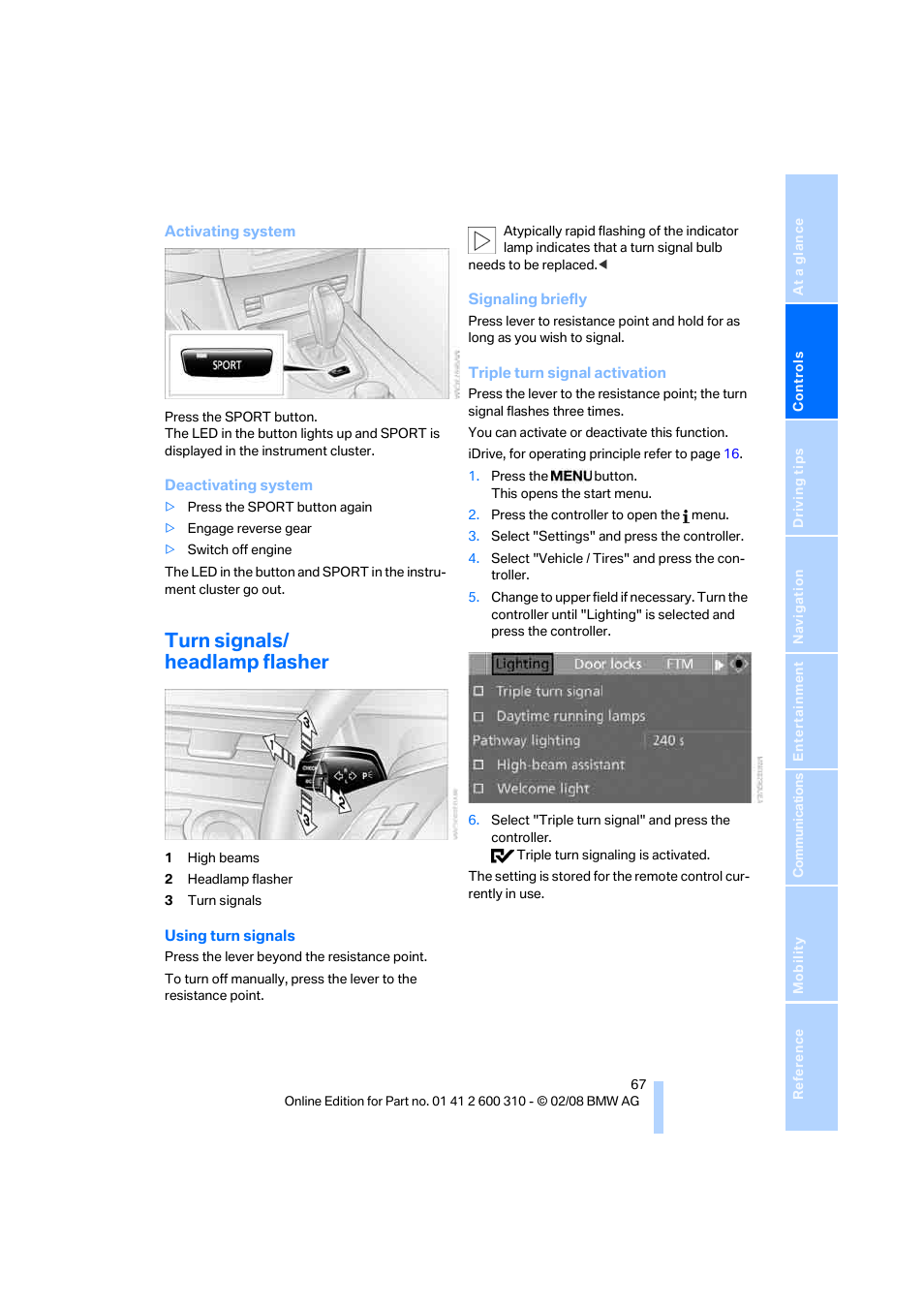 Turn signals/ headlamp flasher, Gnals | BMW AG 528XI User Manual | Page 69 / 292