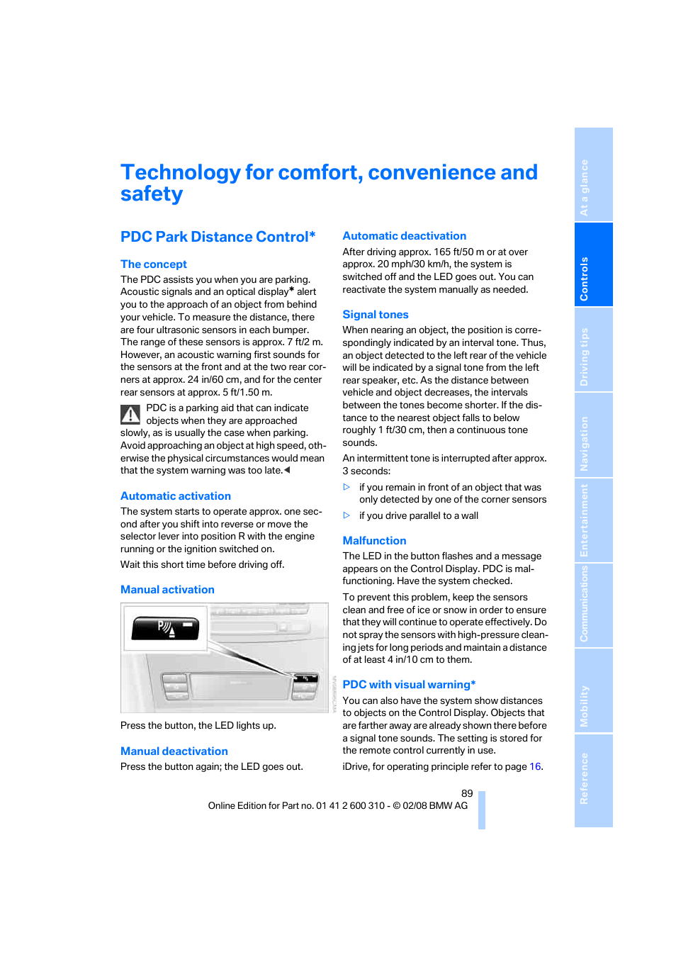 Technology for comfort, convenience and safety, Pdc park distance control | BMW AG 528XI User Manual | Page 91 / 292