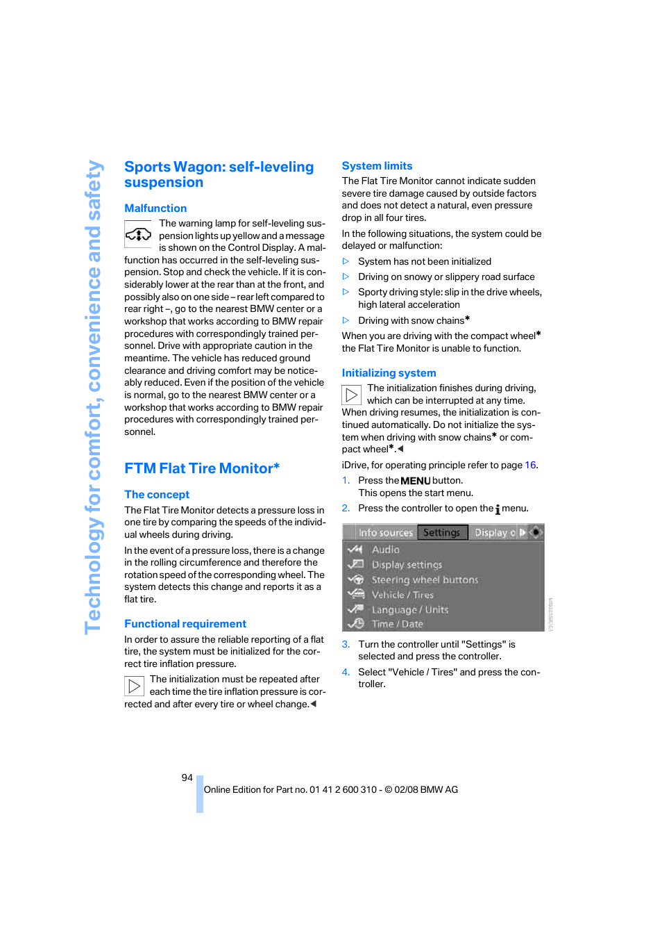 Sports wagon: self-leveling suspension, Ftm flat tire monitor | BMW AG 528XI User Manual | Page 96 / 292