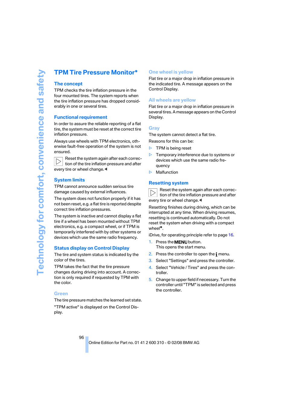 Tpm tire pressure monitor | BMW AG 528XI User Manual | Page 98 / 292