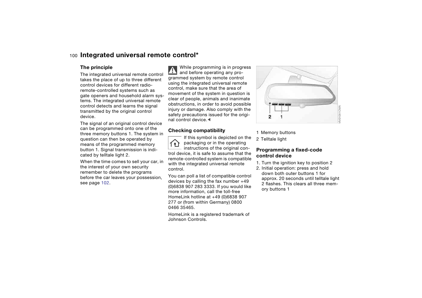 Integrated universal remote control, Integrated universal remote, Control | BMW AG User Manual | Page 100 / 186