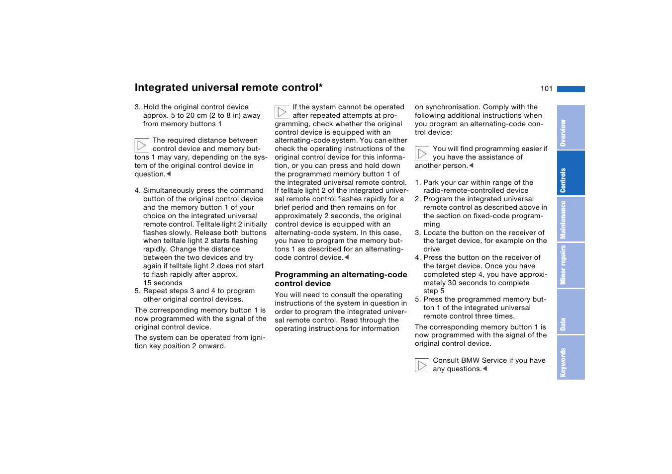 Integrated universal remote control | BMW AG User Manual | Page 101 / 186