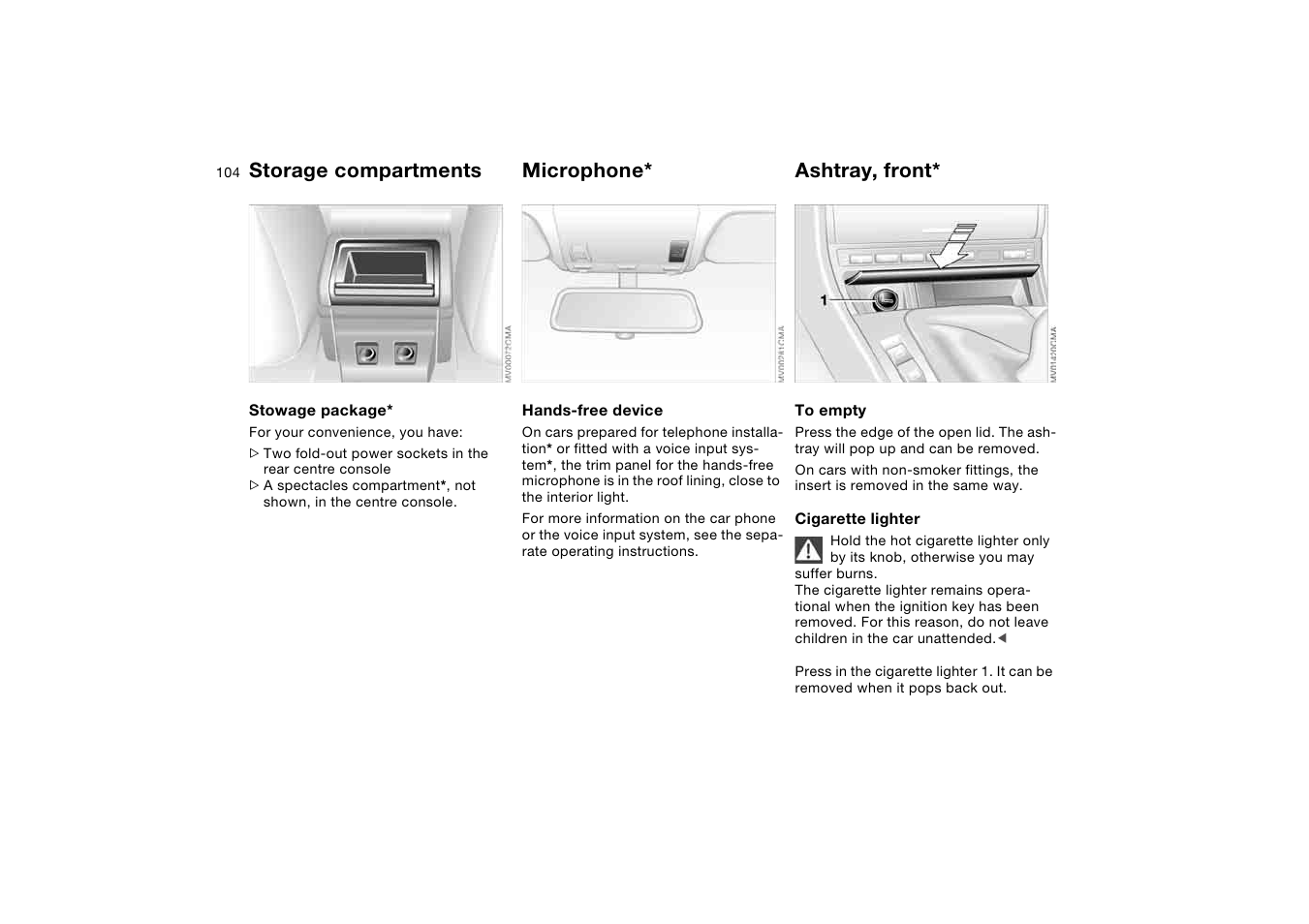 Microphone, Ashtray, front, Storage compartments | BMW AG User Manual | Page 104 / 186