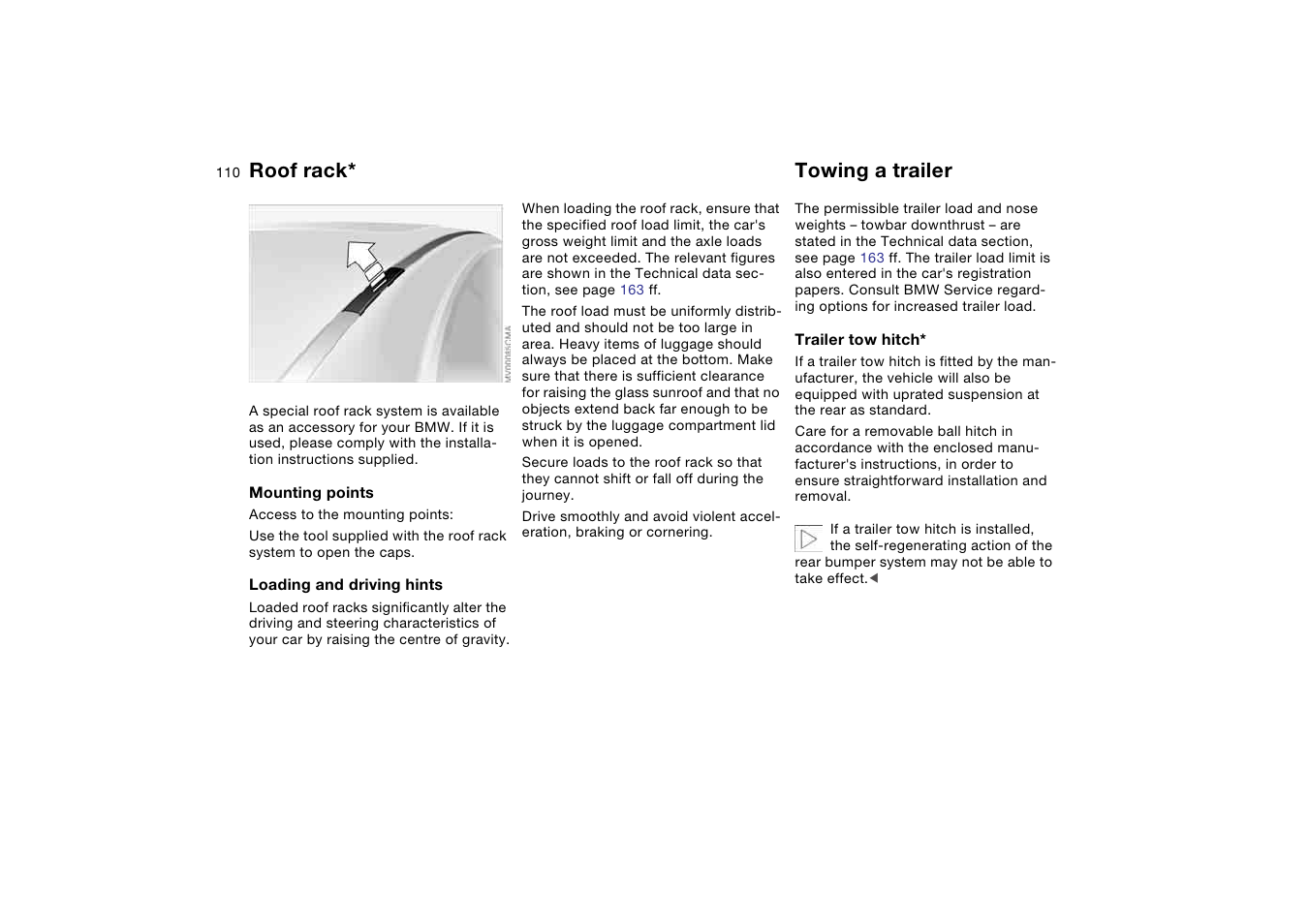 Roof rack, Towing a trailer | BMW AG User Manual | Page 110 / 186