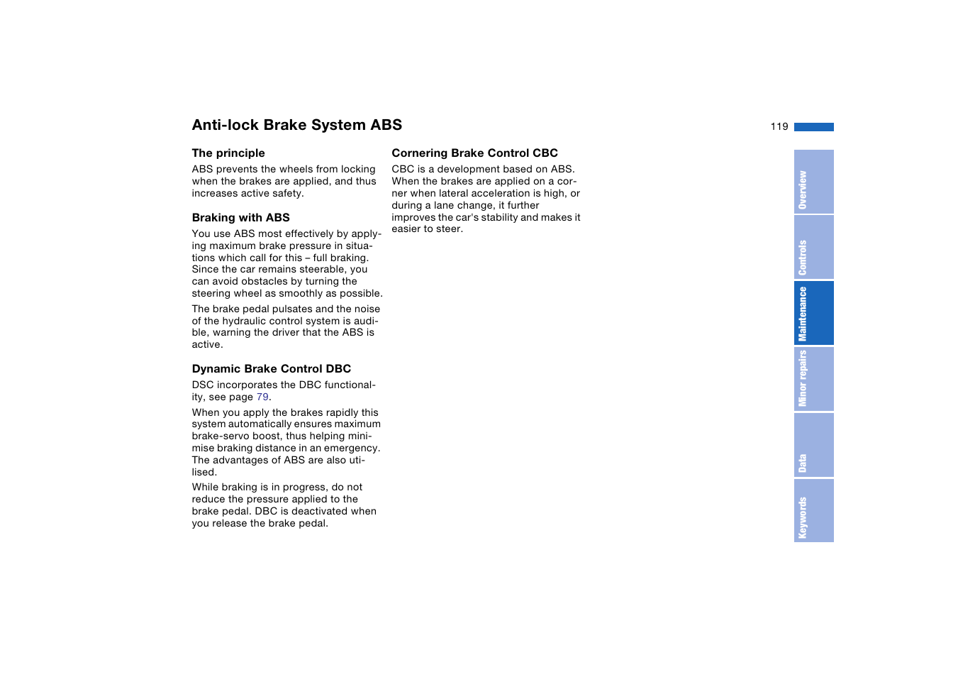 Anti-lock brake system abs, Anti-lock brake system | BMW AG User Manual | Page 119 / 186