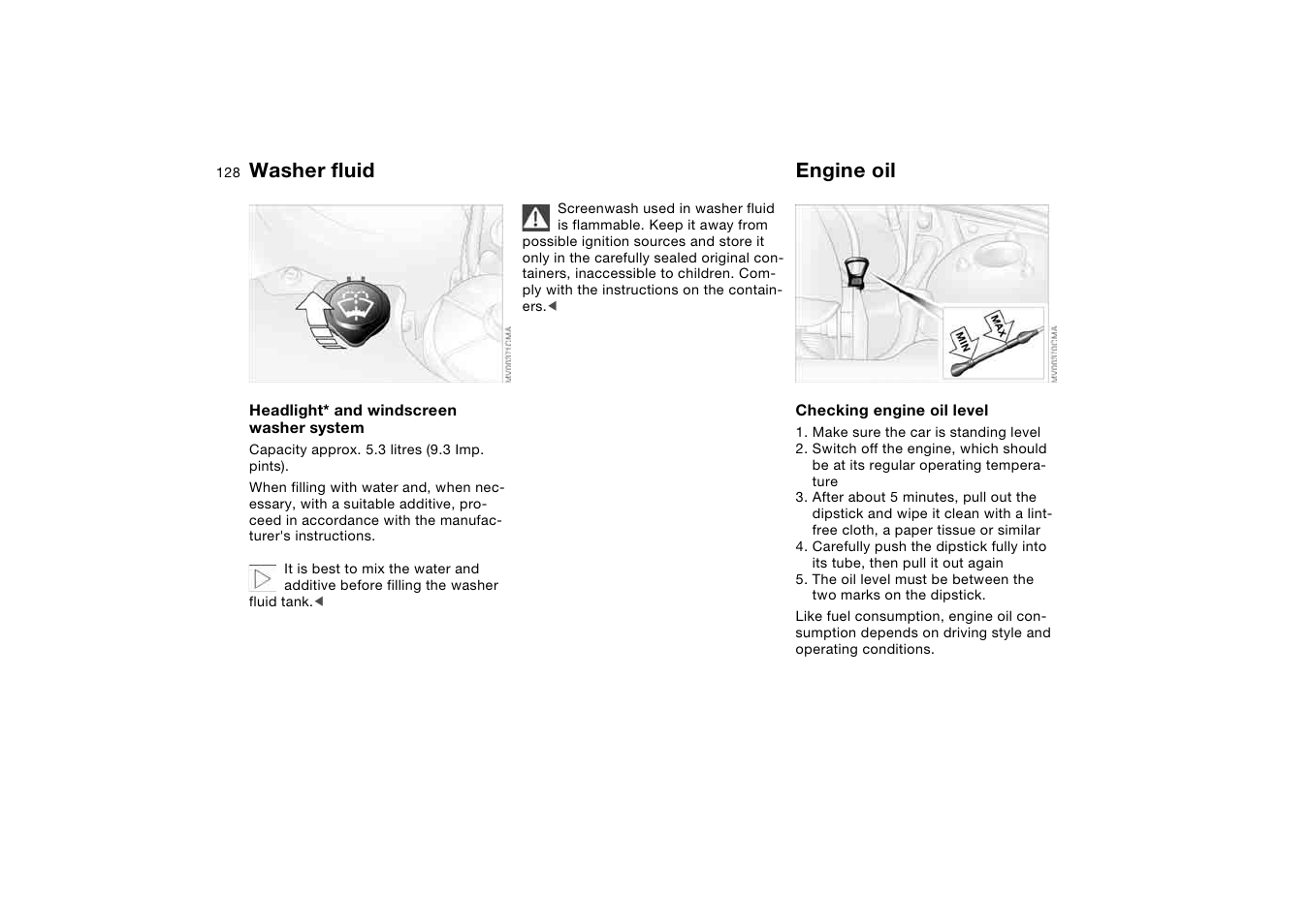 Washer fluid, Engine oil | BMW AG User Manual | Page 128 / 186