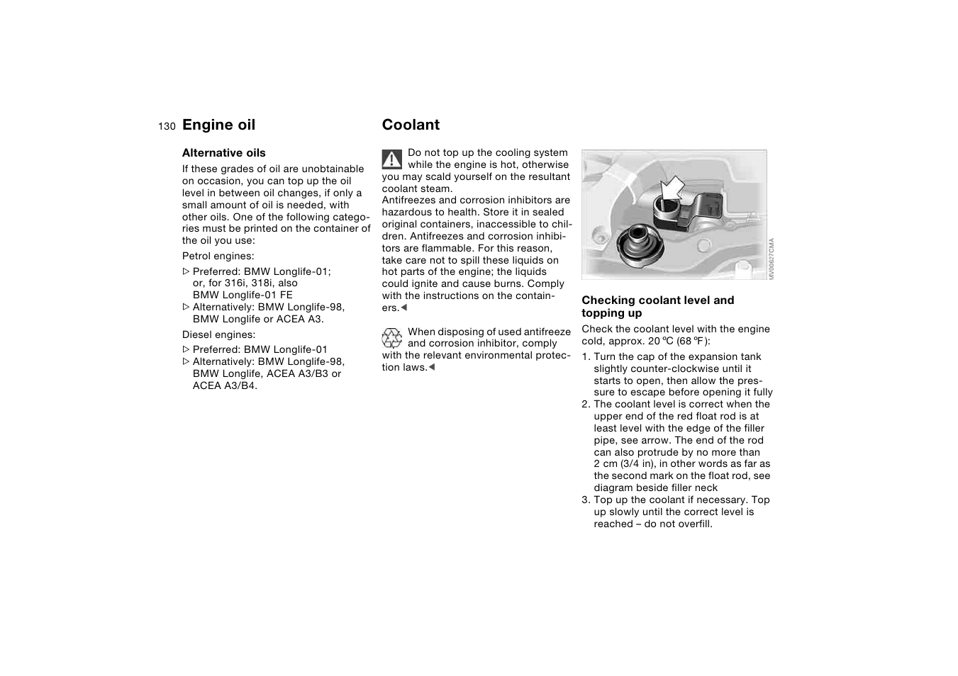 Coolant, Engine oil | BMW AG User Manual | Page 130 / 186