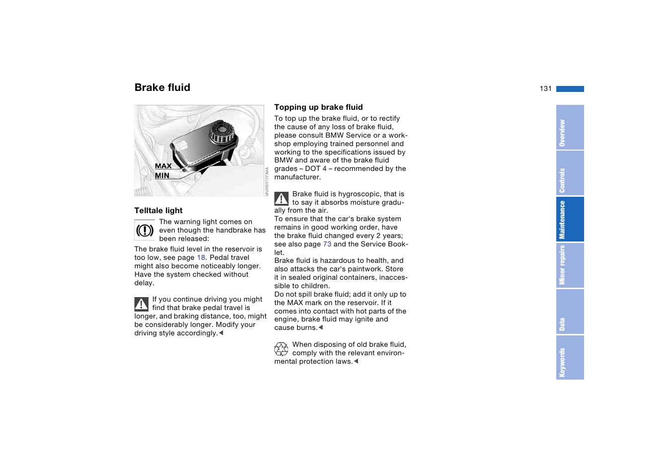 Brake fluid, Brake fluid reservoir | BMW AG User Manual | Page 131 / 186