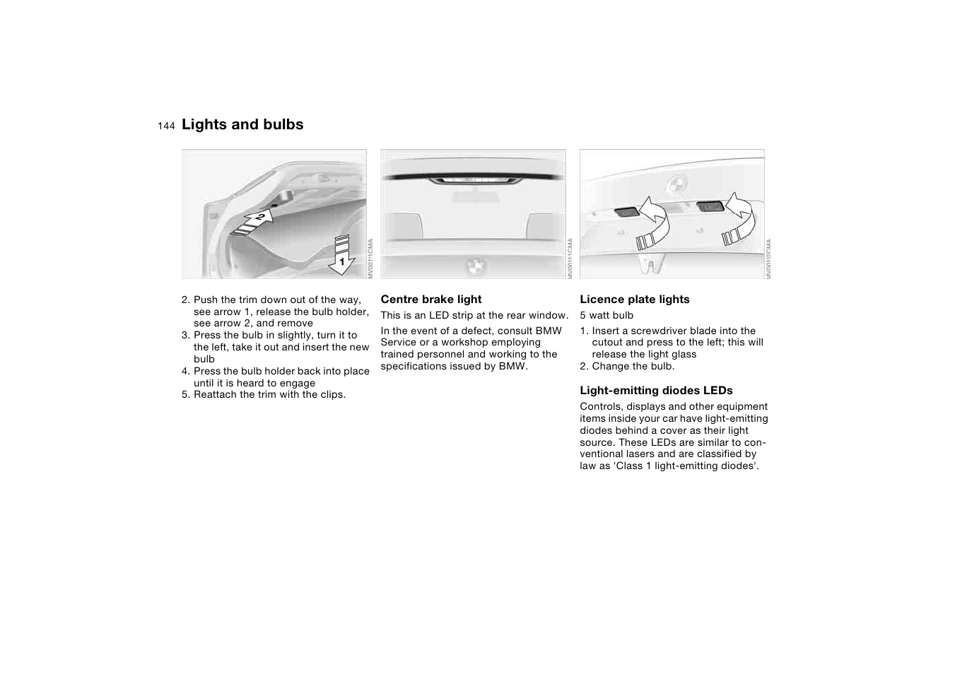 Lights and bulbs | BMW AG User Manual | Page 144 / 186