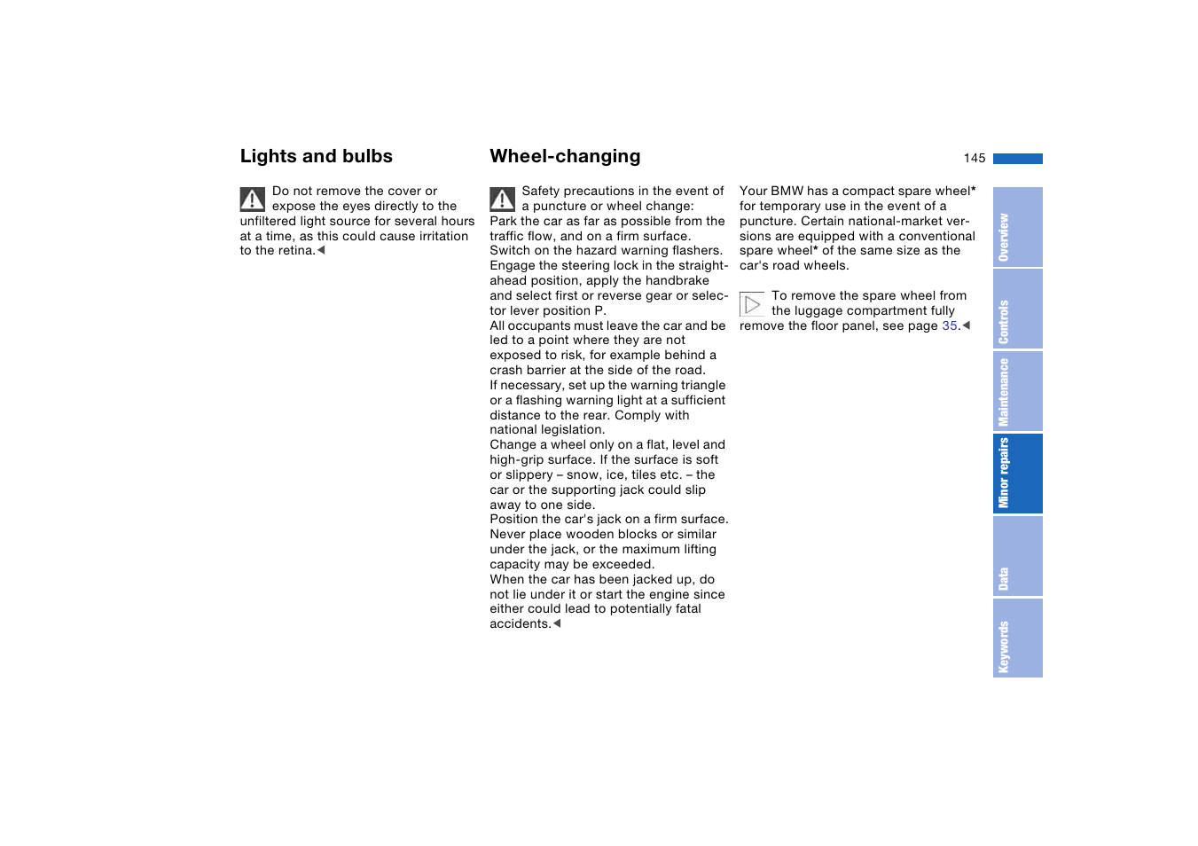 Wheel-changing, Lights and bulbs | BMW AG User Manual | Page 145 / 186