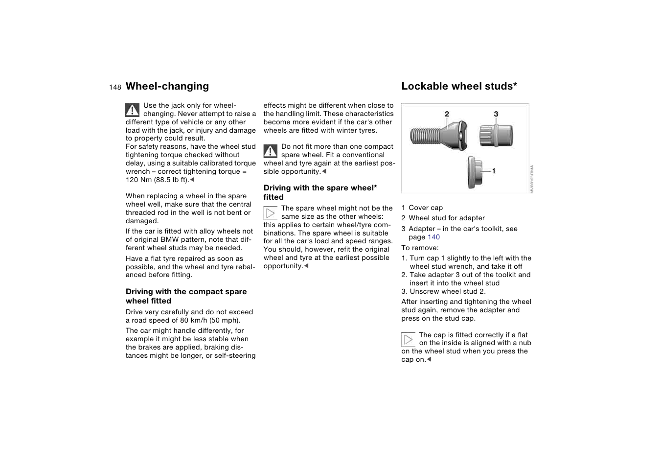 Lockable wheel studs, Wheel-changing | BMW AG User Manual | Page 148 / 186