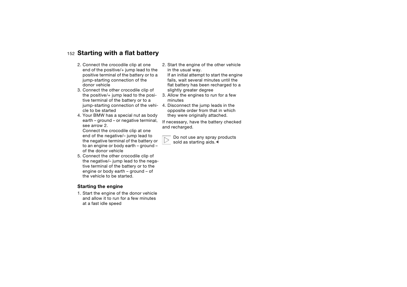 Starting with a flat battery | BMW AG User Manual | Page 152 / 186