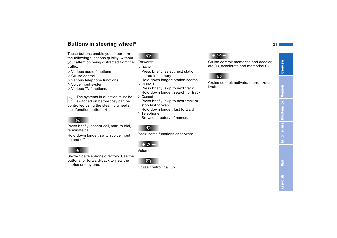 Buttons in steering wheel | BMW AG User Manual | Page 21 / 186