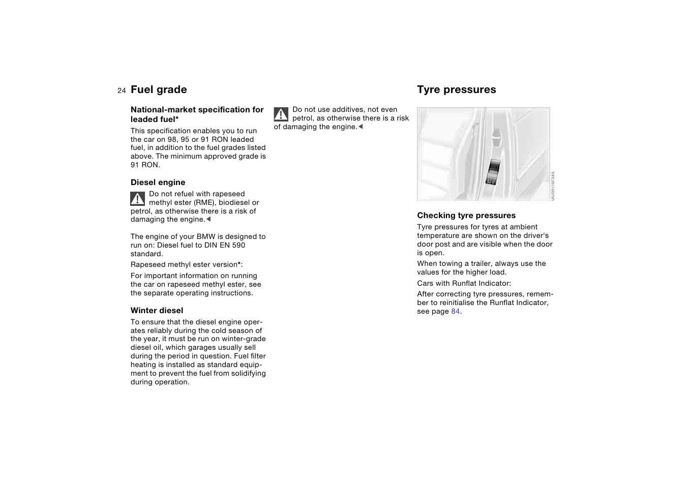 Tyre pressures, Fuel grade | BMW AG User Manual | Page 24 / 186