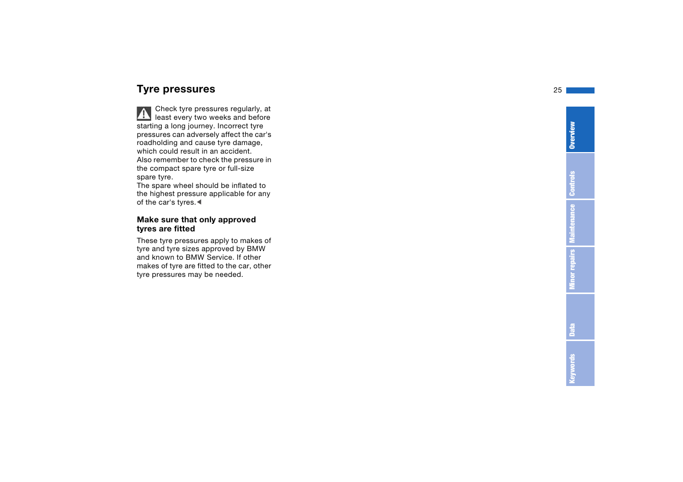 Tyre pressures | BMW AG User Manual | Page 25 / 186