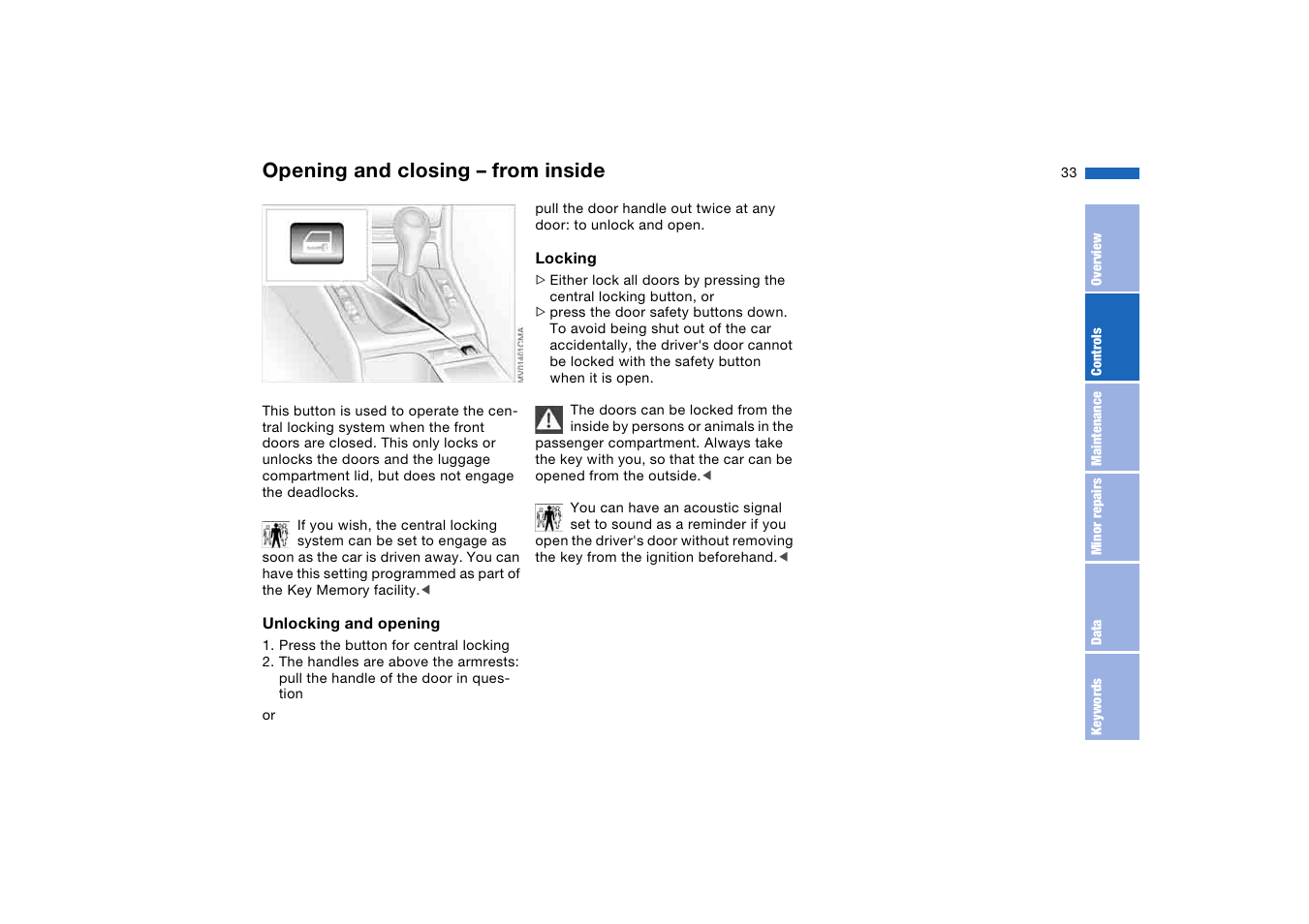 Opening and closing – from inside, Opening and closing – from, Inside | If it is oper | BMW AG User Manual | Page 33 / 186