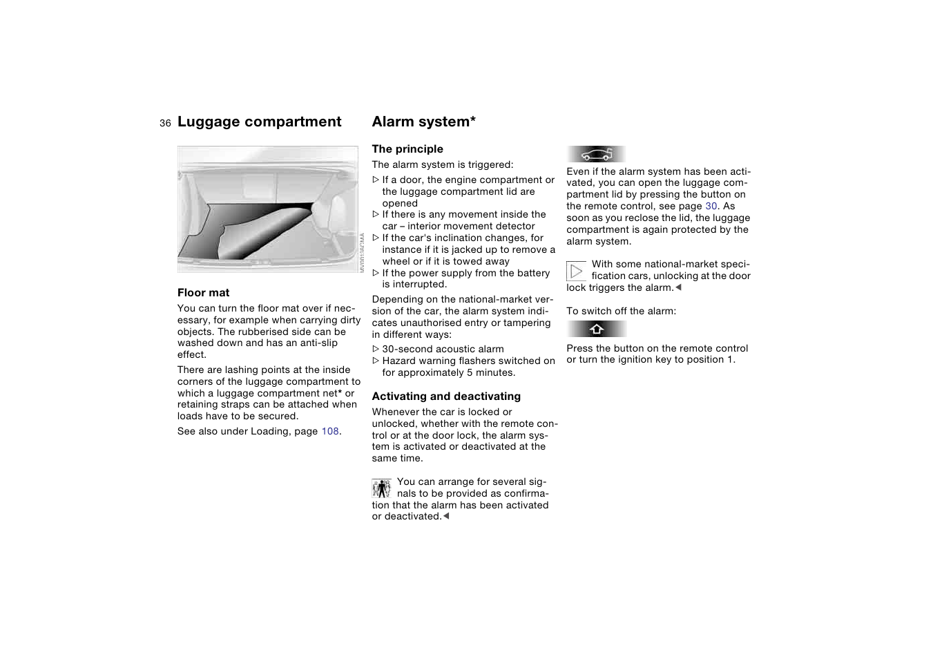 Alarm system, If convenient closure is, Luggage compartment | BMW AG User Manual | Page 36 / 186