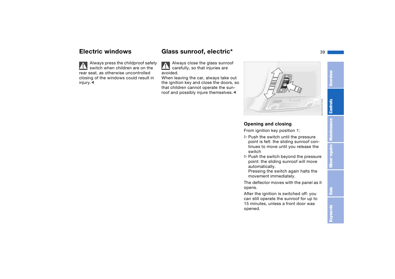 Glass sunroof, electric, Electric windows | BMW AG User Manual | Page 39 / 186