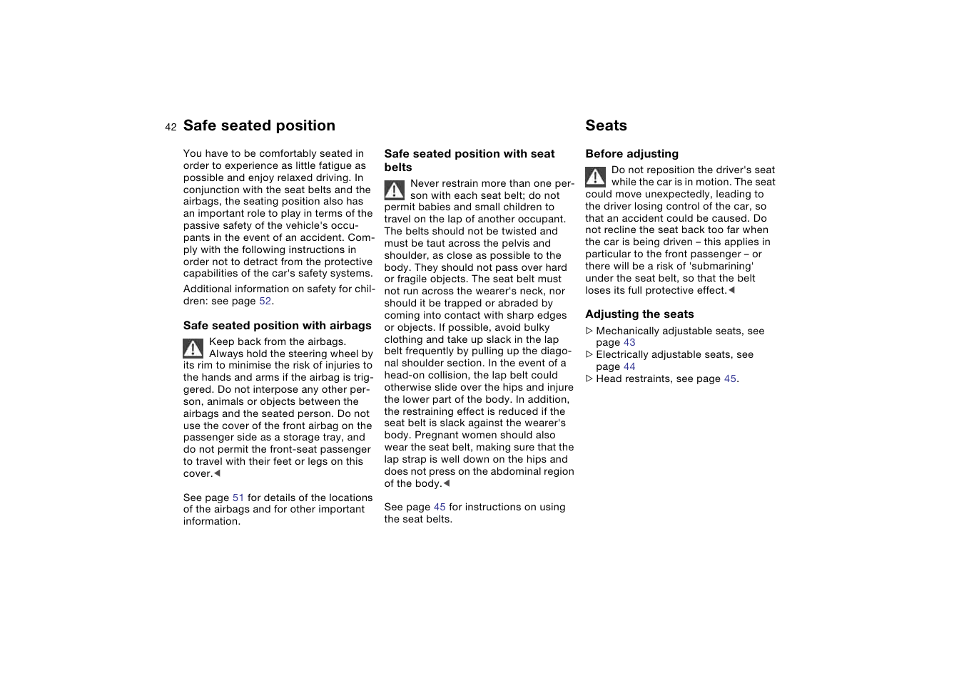 Adjusting, Safe seated position, Seats | BMW AG User Manual | Page 42 / 186