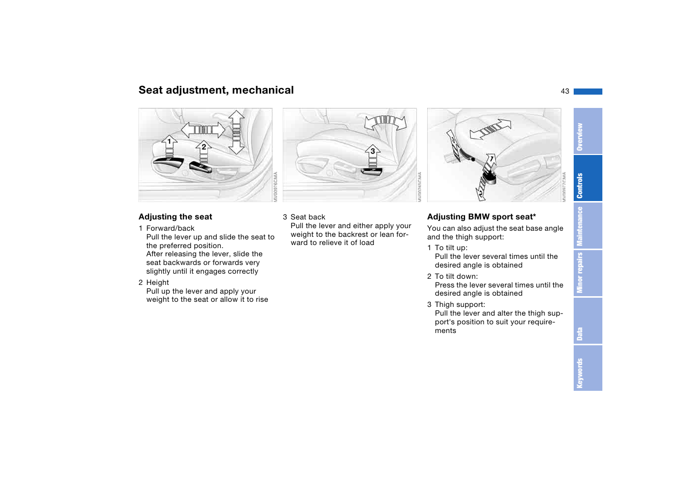 Seat adjustment, mechanical | BMW AG User Manual | Page 43 / 186