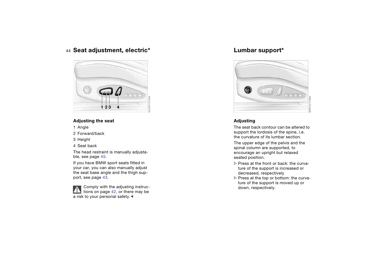 Seat adjustment, electric, Lumbar support | BMW AG User Manual | Page 44 / 186