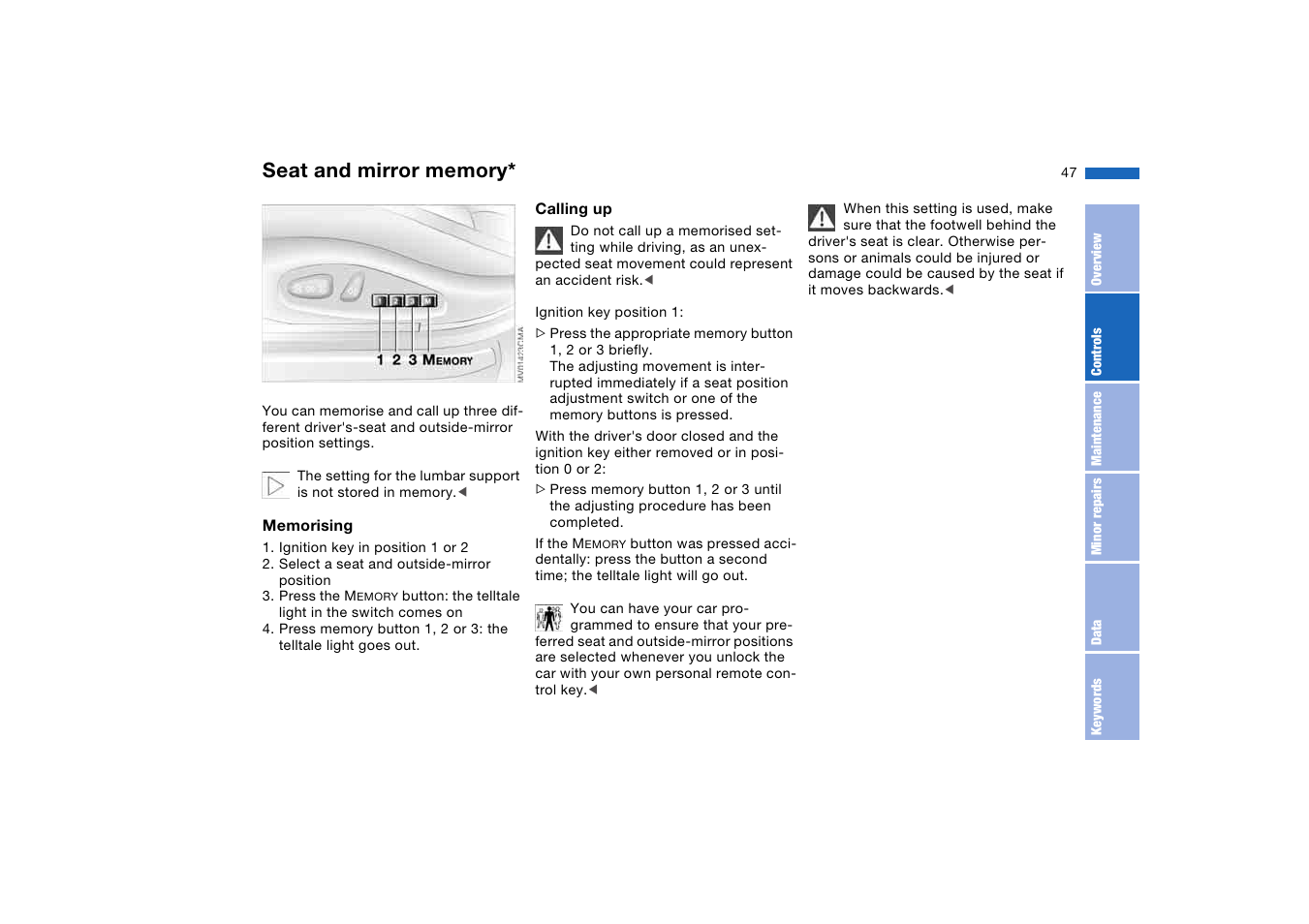 Seat and mirror memory | BMW AG User Manual | Page 47 / 186