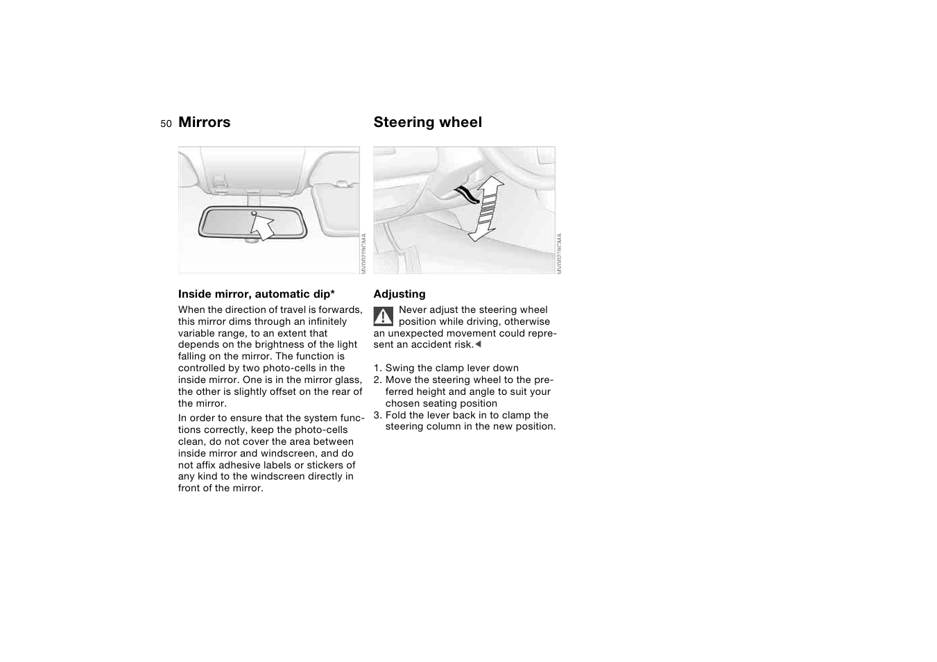 Steering wheel, Adjusting steering wheel, Mirrors | BMW AG User Manual | Page 50 / 186