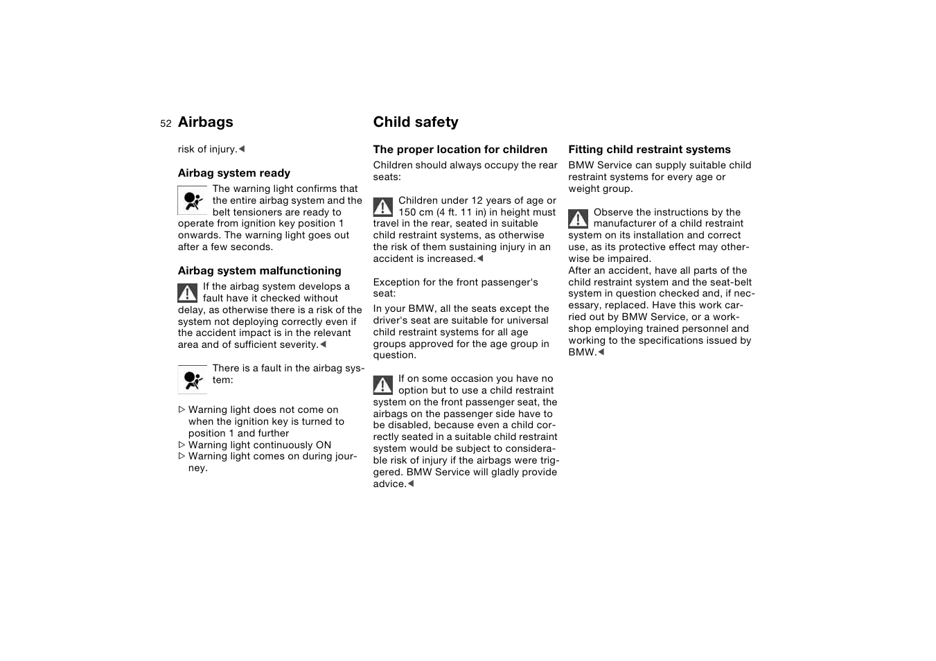 Child safety, Airbags | BMW AG User Manual | Page 52 / 186