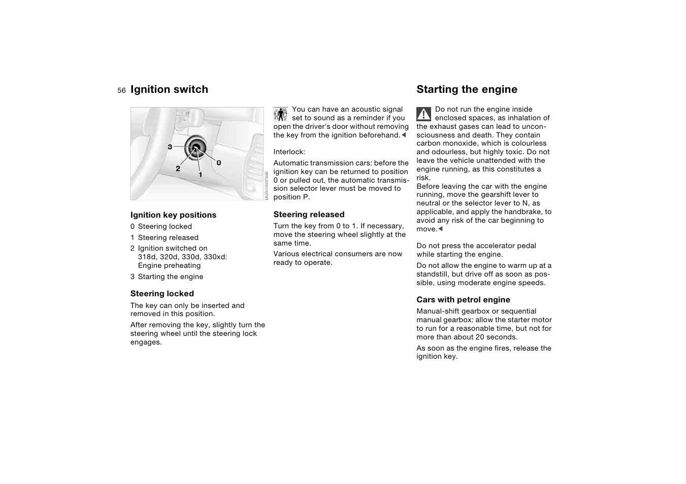 Driving, Ignition switch, Starting the engine | BMW AG User Manual | Page 56 / 186