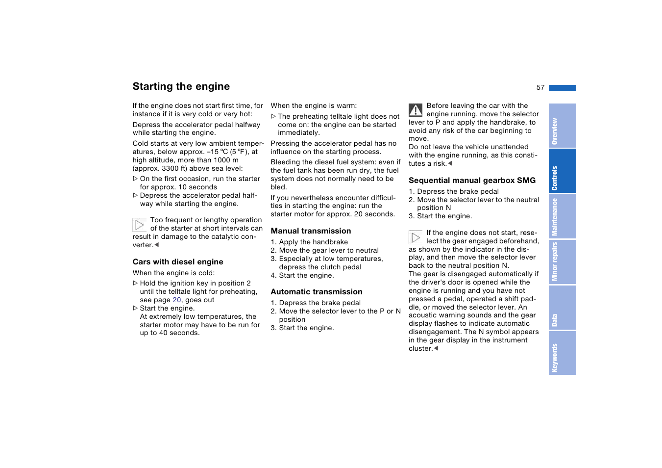 Starting the engine | BMW AG User Manual | Page 57 / 186