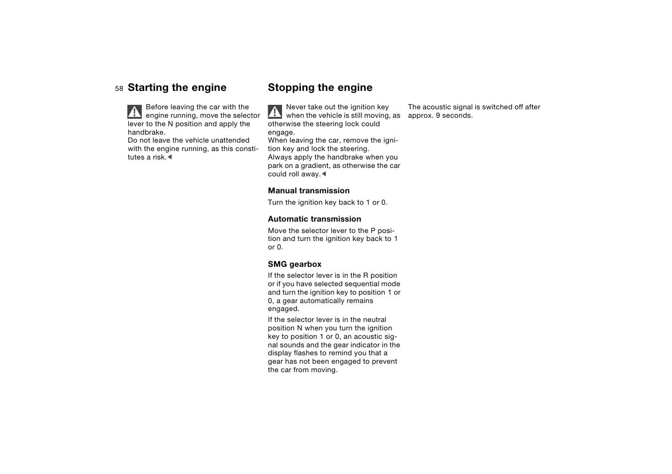 Stopping the engine, Starting the engine | BMW AG User Manual | Page 58 / 186