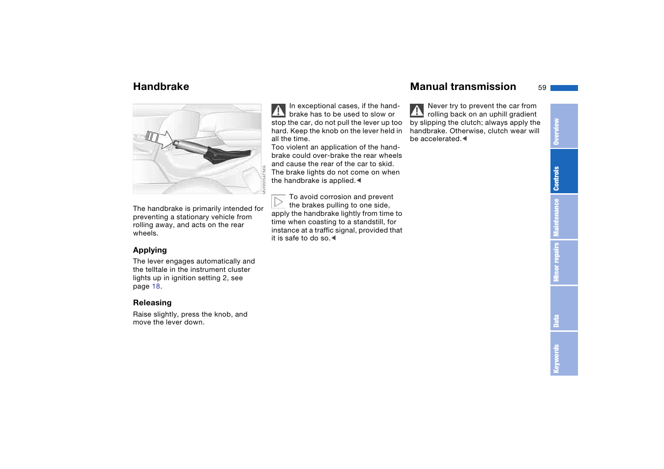 Handbrake, Manual transmission | BMW AG User Manual | Page 59 / 186