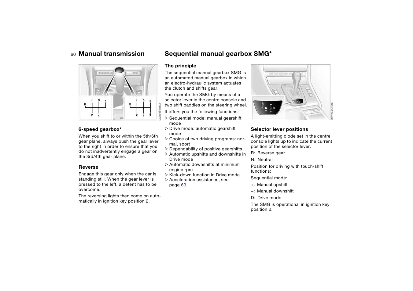 Sequential manual gearbox smg, Sequential manual gearbox, Manual transmission | BMW AG User Manual | Page 60 / 186