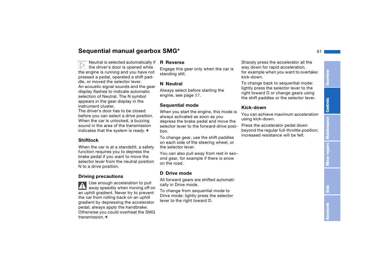 Sequential manual gearbox smg | BMW AG User Manual | Page 61 / 186