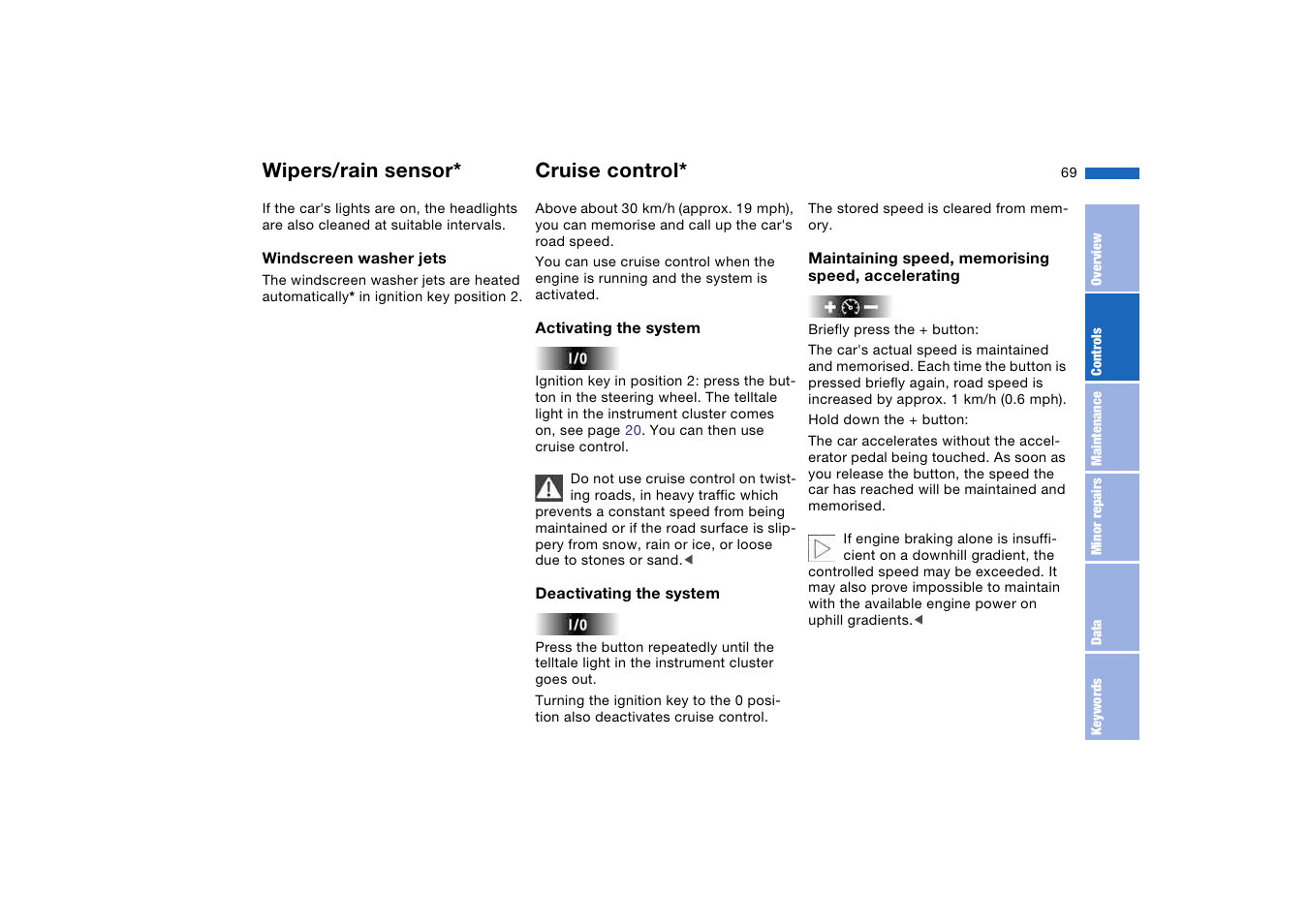 Cruise control, Wipers/rain sensor | BMW AG User Manual | Page 69 / 186