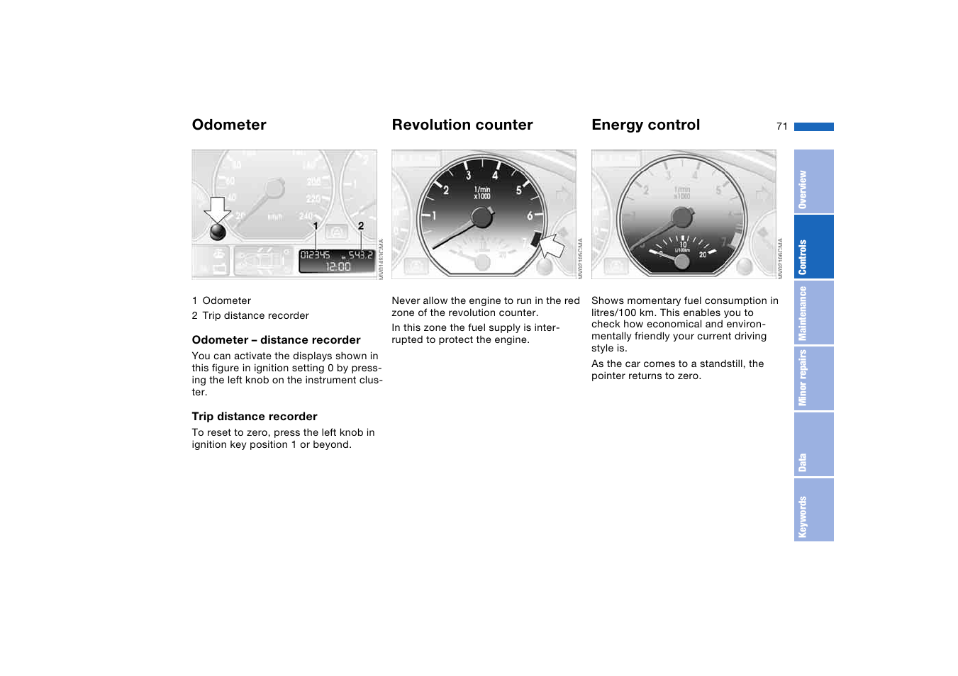 Everything under control, Odometer, Revolution counter | Energy control | BMW AG User Manual | Page 71 / 186