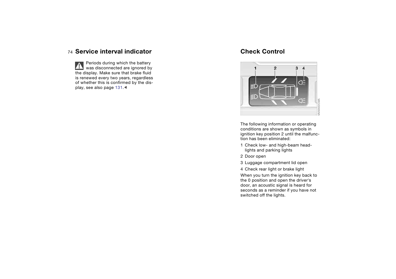 Check control, Service interval indicator | BMW AG User Manual | Page 74 / 186