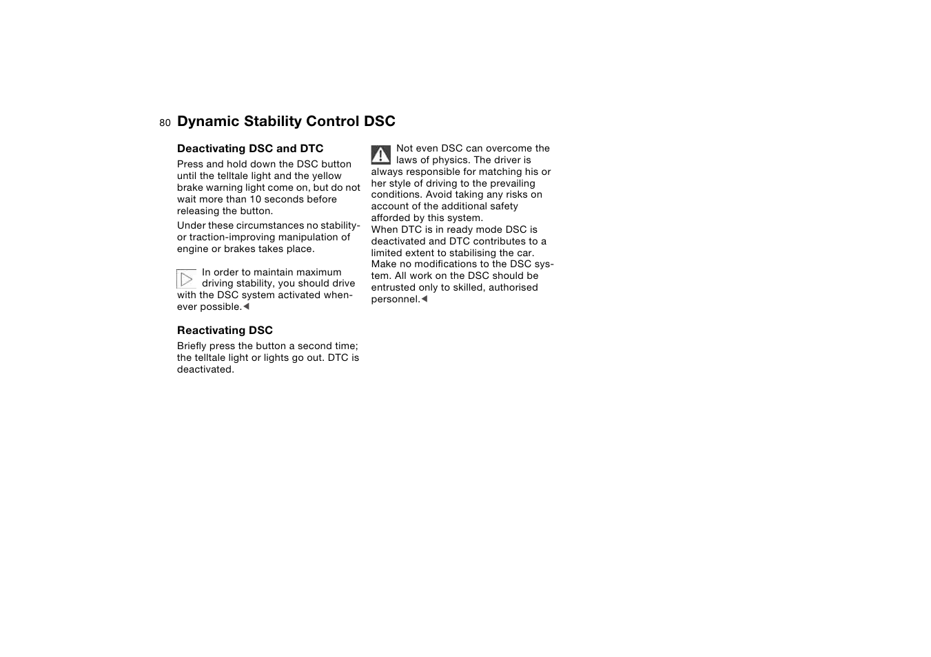 Dynamic stability control dsc | BMW AG User Manual | Page 80 / 186