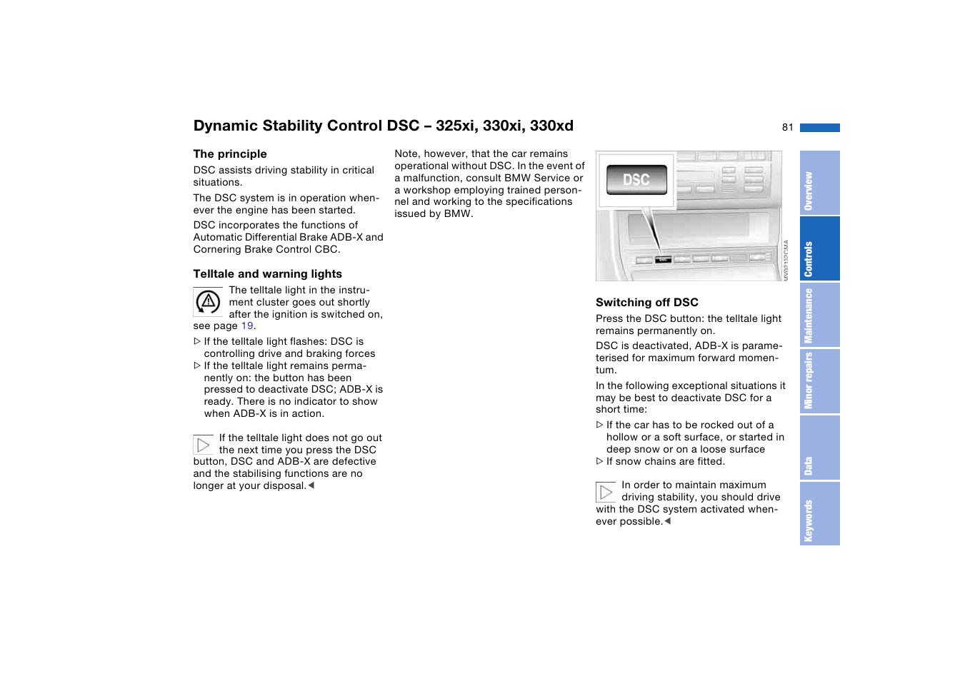 Dynamic stability control dsc, 325xi, 330xi, 330xd | BMW AG User Manual | Page 81 / 186