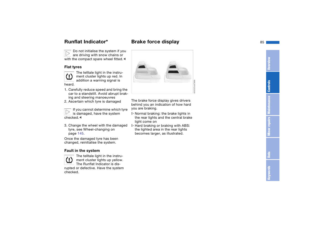 Brake force display, Runflat indicator | BMW AG User Manual | Page 85 / 186