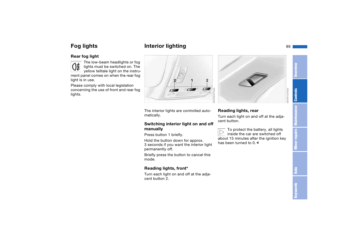 Interior lighting, Fog lights | BMW AG User Manual | Page 89 / 186