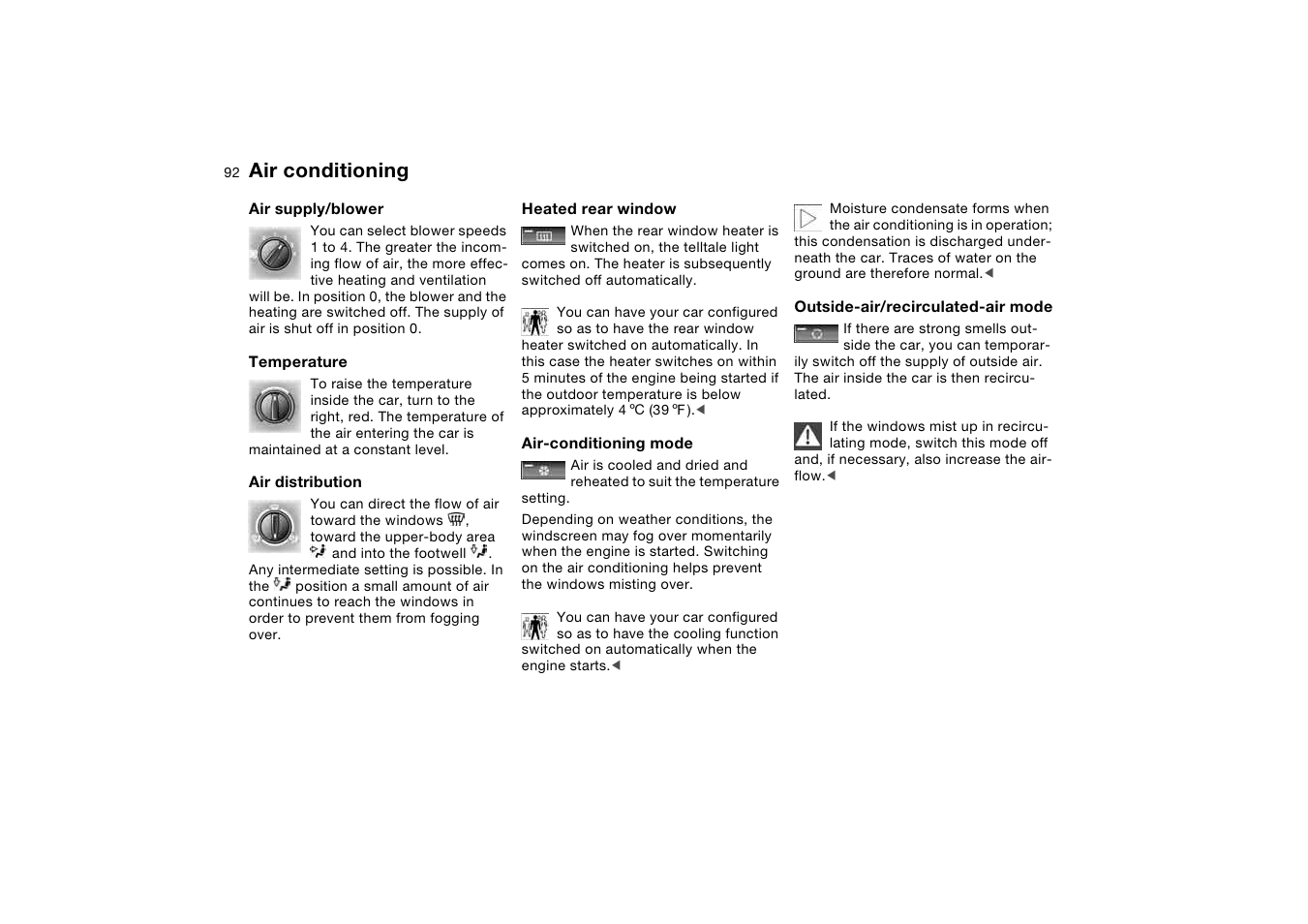 Temperature, Air conditioning | BMW AG User Manual | Page 92 / 186