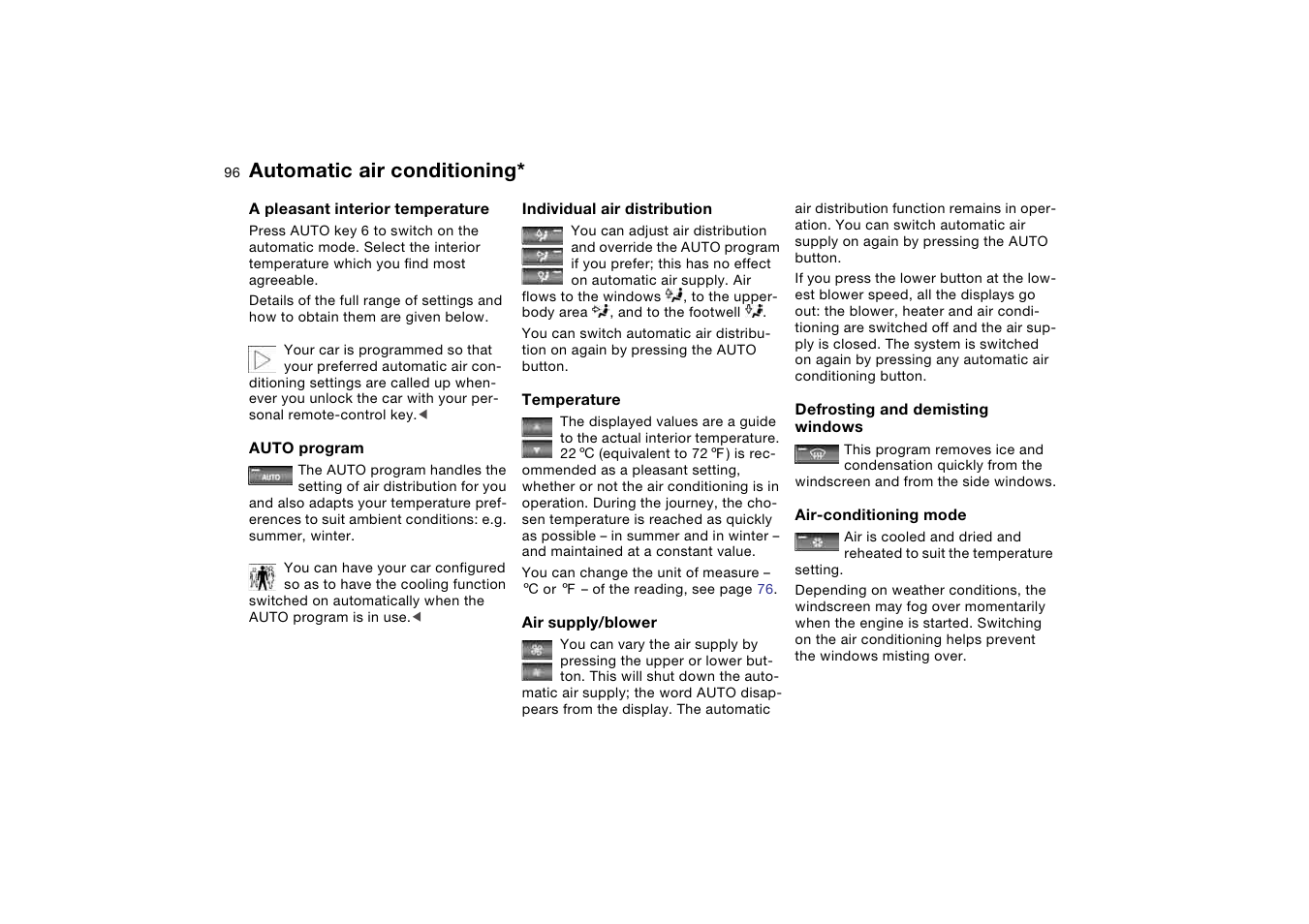 Supply, Individual air distribution, Air supply/blower | Air-conditioning mode, Automatic air conditioning | BMW AG User Manual | Page 96 / 186